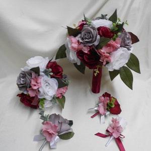 Wedding Silk Flower Bridal Bouquets 18 pcs Package White Grey Burgundy Dusty Rose Toss Bridesmaids  Boutonnieres Corsages New