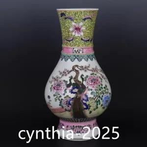 16.4"Old China qing dynasty Kangxi Powder Colored Peony Flower and Bird Vase