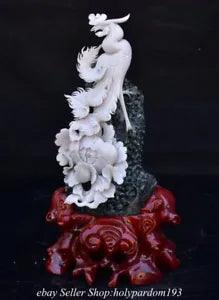 12" Chinese Natural Dushan Jade Carved Phoenix Peony Flower Statue E