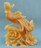 11" Chinese Natural Yellow Jade Jadeite Carved Peony Flower Phoenix Sculpture