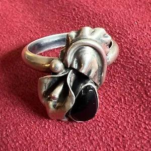 Vtg Sterling Silver 925 Calla Lily Leaf Onyx Ring Sz 6.5  4.3 Grams
