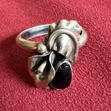 Vtg Sterling Silver 925 Calla Lily Leaf Onyx Ring Sz 6.5  4.3 Grams
