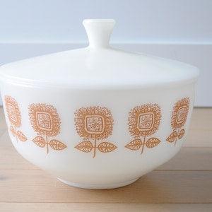 Vintage Mid Century Milk Glass Federal Glass Custard Dessert Bowl Gold Sunflower with lib