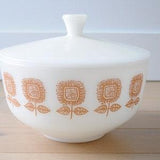 Vintage Mid Century Milk Glass Federal Glass Custard Dessert Bowl Gold Sunflower with lib