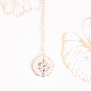 Custom Family Birth Flower Bouquet 14kt Gold-Filled Rose Gold-Filled Sterling Silver Impression (3/4") Disc Necklace Mom Grandma Gift