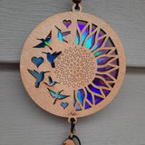 Sunflower with Hummingbirds Suncatcher | Laser Cut Wood with Repurposed DVDs