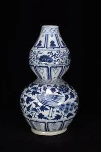 10.6" Antique yuan dynasty Porcelain Blue white Phoenix peony flowers gourd vase
