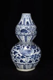 10.6" Antique yuan dynasty Porcelain Blue white Phoenix peony flowers gourd vase