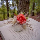 Dried Flower Rose and Seashell Wedding Boutonniere,Seashell Wedding Boutonniere,Wedding Accessory,Orange Roses Boutonniere,Dried Flower Pin