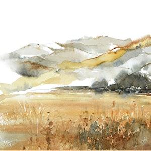 English Countryside Print Decor, Meadow Print Art Landscape, Farm Field Painting, Wheat Field Watercolor Wall Art, Loose Style Artwork