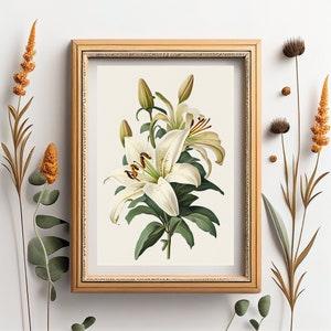Vintage White Lily Bouquet Print, Botanical Wall Art, Mid Century Vintage, Printable Wall Art, Antique Flower Print, Flowers Wall Art,