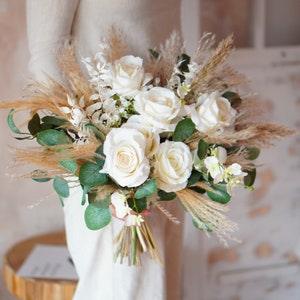 Green and white Rustic boho Wedding Bouquet, Artificial Faux Flowers Home Wedding Decor, bridal bridesmaids bouquets,Pampas grass bouquet