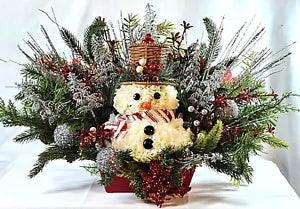 Holiday Mini Snowman Centerpiece with Carnation Flowers, Pine, Silver and Red