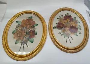 Vintage Pressed Flower Oval Framed Art Signed Set Of 2