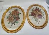 Vintage Pressed Flower Oval Framed Art Signed Set Of 2