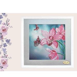 Bead embroidery kit Orchids and butterfly, Pink Flowers Beadwork kit,  Embroidery of beads, DIY beadwork kit. Orchid flowers needlework kit