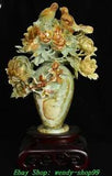 19" Chinese Natural Xiu Jade Carve Peony Flower Bird Vase Bottle Art Statue