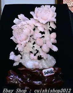 16" Natural Pink Xiu Jade Carve Peony Flower Tree Bird Magpie Animal Statue
