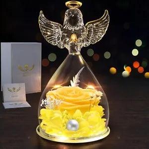 Glass angel figurine with LED light, wings, and preserved yellow rose flower