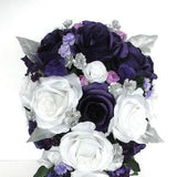 Wedding Bouquet 17 piece Bridal Cascade bouquet set, Dark PURPLE WHITE SILVER, Bridesmaid Bouquet, Wedding Silk flowers "RosesandDreams"