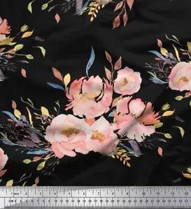Soimoi Black Velvet Fabric Leaves & Peony Floral Print Fabric by-U62