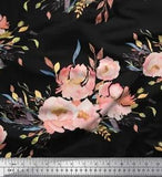 Soimoi Black Velvet Fabric Leaves & Peony Floral Print Fabric by-U62