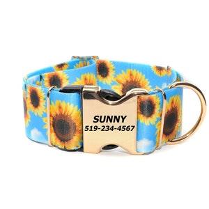 2 Inch dog collar / BRIGHT  SUNFLOWERS double sided polyester webbing  /Adjustable dog collar / martingale dog collar / Laser Engraved