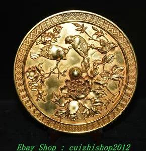 11" Old Chinese Dynasty Purple Bronze 24 K Gold Peony Flower Bird Magpie Mirror