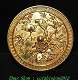 11" Old Chinese Dynasty Purple Bronze 24 K Gold Peony Flower Bird Magpie Mirror
