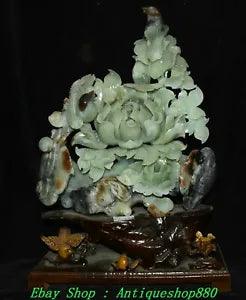 18.8" China Natural Xiu Jade Carving Wishful Ruyi Peony Flower Bird Statue