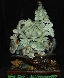 18.8" China Natural Xiu Jade Carving Wishful Ruyi Peony Flower Bird Statue