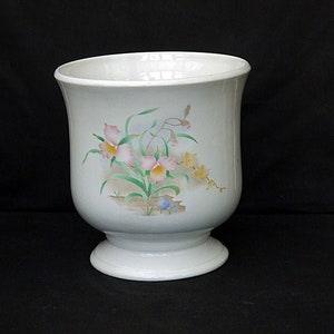 large ceramic planter Crown Winsor pot vintage flower pot white pot on the pedestal indoor pot ornate flowers orchids marked stamped