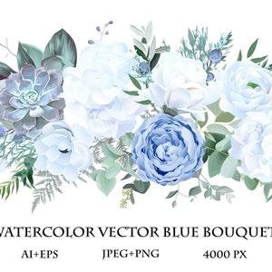 Dusty blue rose, white hydrangea, ranunculus, magnolia, anemone, succulent, greenery, juniper vector design bouquet. Wedding seasonal flower