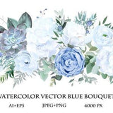 Dusty blue rose, white hydrangea, ranunculus, magnolia, anemone, succulent, greenery, juniper vector design bouquet. Wedding seasonal flower