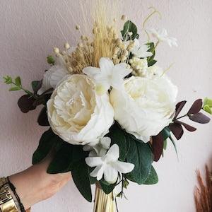 Artificial White Peony Bridal Bouquet, White Peony Bridesmaid, Peony Boutonniere, Bride Flower Bouquet, Bridal Dried bouquet, Wedding Flower