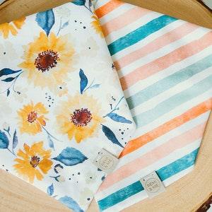 Sunflower and fall coloured stripes dog bandana, tie and snap, one size fits most, reversible / double sided
