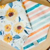 Sunflower and fall coloured stripes dog bandana, tie and snap, one size fits most, reversible / double sided