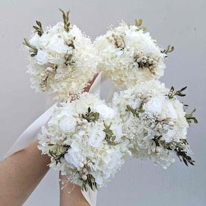 White Rose Bride Flower Bouquet Wedding Bridesmaid Posy Hydrangea Greenery FlowerGirl Classic Modern Premium Preserved Dried
