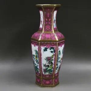11"China Qing Dynasty Colour Enamels Porcelain Peony Flower Crane Six Sides Vase