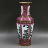 11"China Qing Dynasty Colour Enamels Porcelain Peony Flower Crane Six Sides Vase