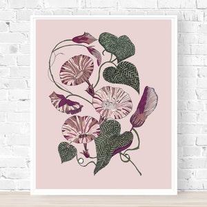 Dusty Pink Floral Wall Art Print, Morning Glory Wall Hanging Plant Art Print, Flower Bouquet Botanical Painting, Dusty Rose Wildflower Print