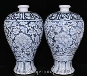20.8'' Ming Hongwu Blue White Porecelian Peony Pattern Flower Bottle Vase Pair