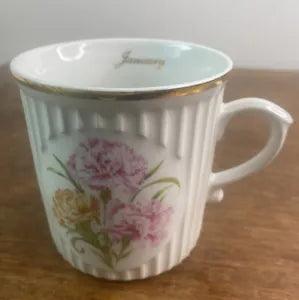 Original Czechoslovakia January Carnations Pink Flowers Gold Rim Porcelain Mug