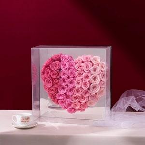 Preserved Flower Eternal Rose Heart Gift Box - Gradient Pink Flower Bouquet - Wedding Anniversary Gift for Her