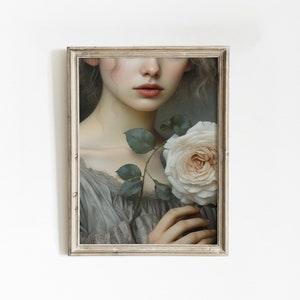 Lady With Rose Bouquet Painting | Antique Flowers Aesthetic Print | Daisies Wall Art | Victorian Woman Portrait | Cottagecore Wall Art