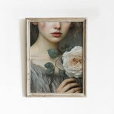 Lady With Rose Bouquet Painting | Antique Flowers Aesthetic Print | Daisies Wall Art | Victorian Woman Portrait | Cottagecore Wall Art