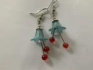 Lily style Petite Delicate Green Blue Lily Leaf Red Dangle Earrings Pierced