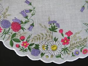 VintageRound Floral Handkerchief - Pink White Purple Flowers Carnations Daisies