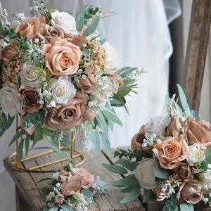 Ivory Beige Brown Bridal Bouquets, Real Touch Faux Flowers, Roses, Peonies, Dusty Millers, baby's breath, Champagne Tan Wedding Package