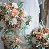 Ivory Beige Brown Bridal Bouquets, Real Touch Faux Flowers, Roses, Peonies, Dusty Millers, baby's breath, Champagne Tan Wedding Package
